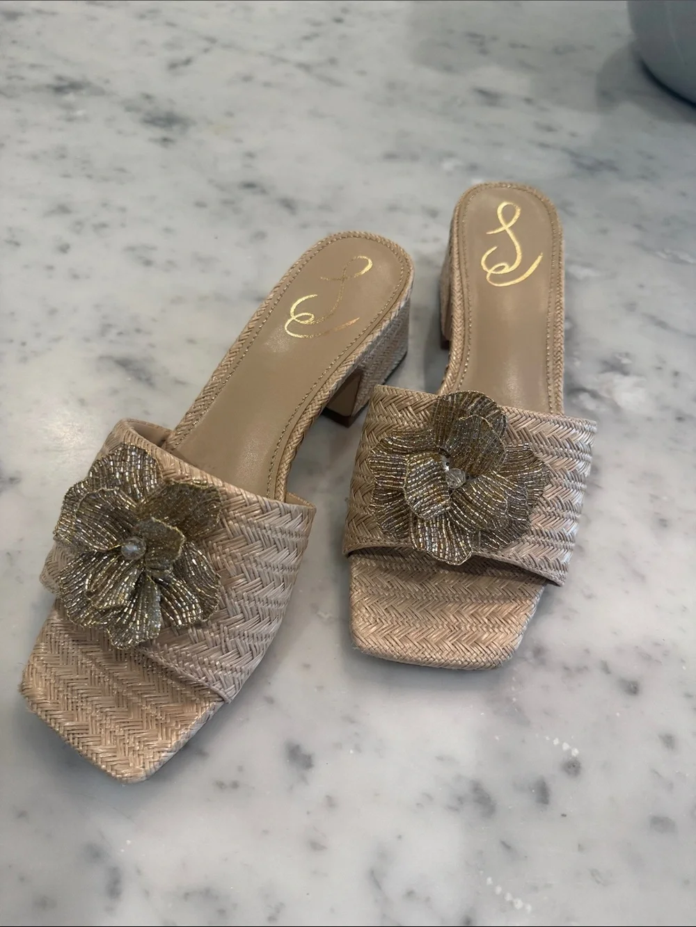 Beaded Floral Woven raffia Slide Sandals - Nude/Gold - Picture 1 of 4